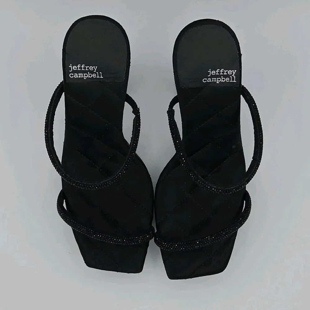 Jeffrey Campbell Movie Platform Heel Sandals Size 6.5 Black Sparkle Y2K Slides